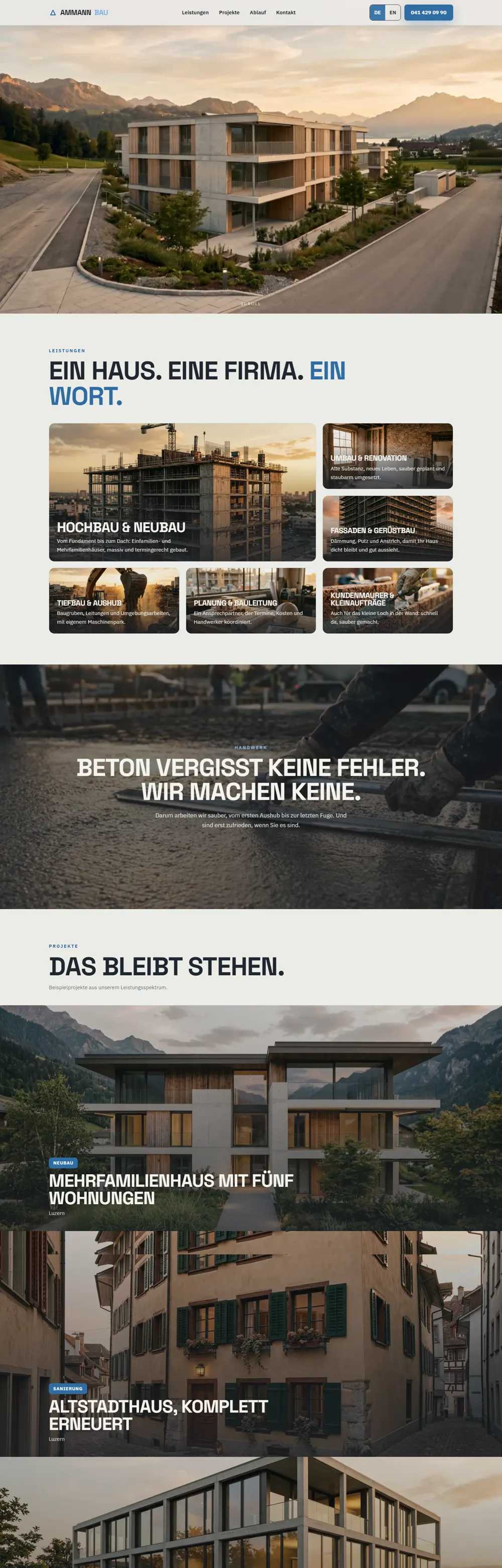 Entwurf der Website für Ammann AG, Bauunternehmen in Luzern