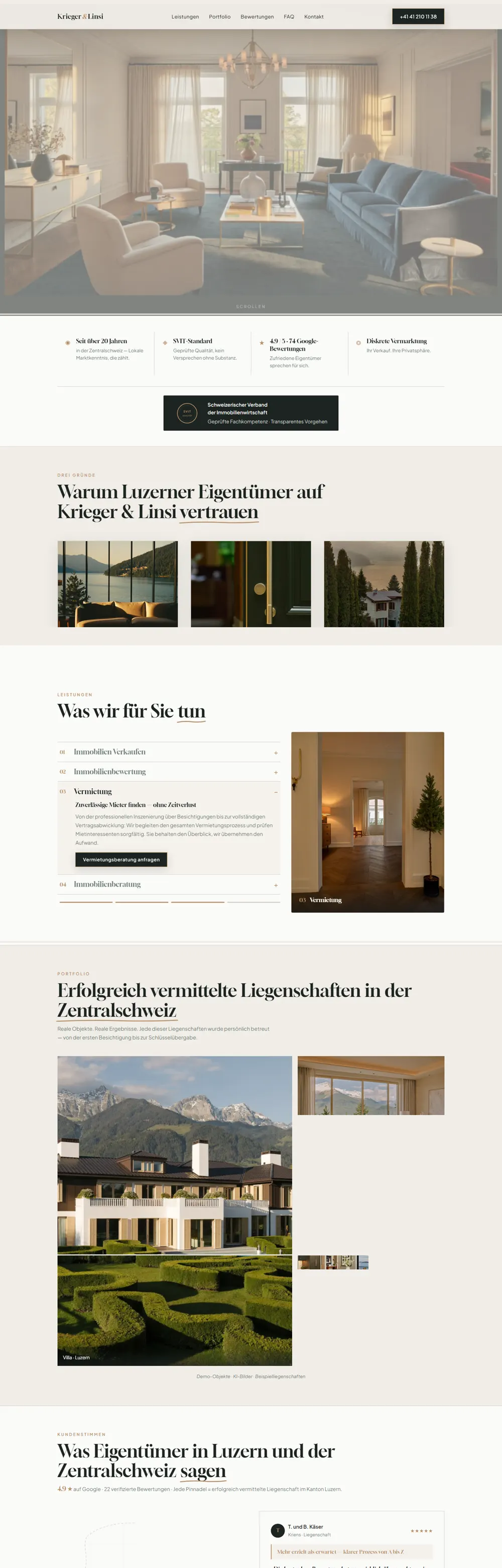 Entwurf der Website für Krieger & Linsi, Immobilien in Luzern