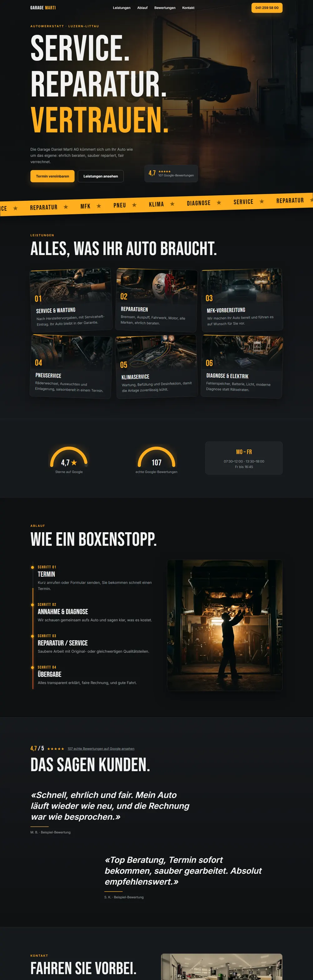 Entwurf der Website für Garage Marti, Autowerkstatt in Luzern-Littau