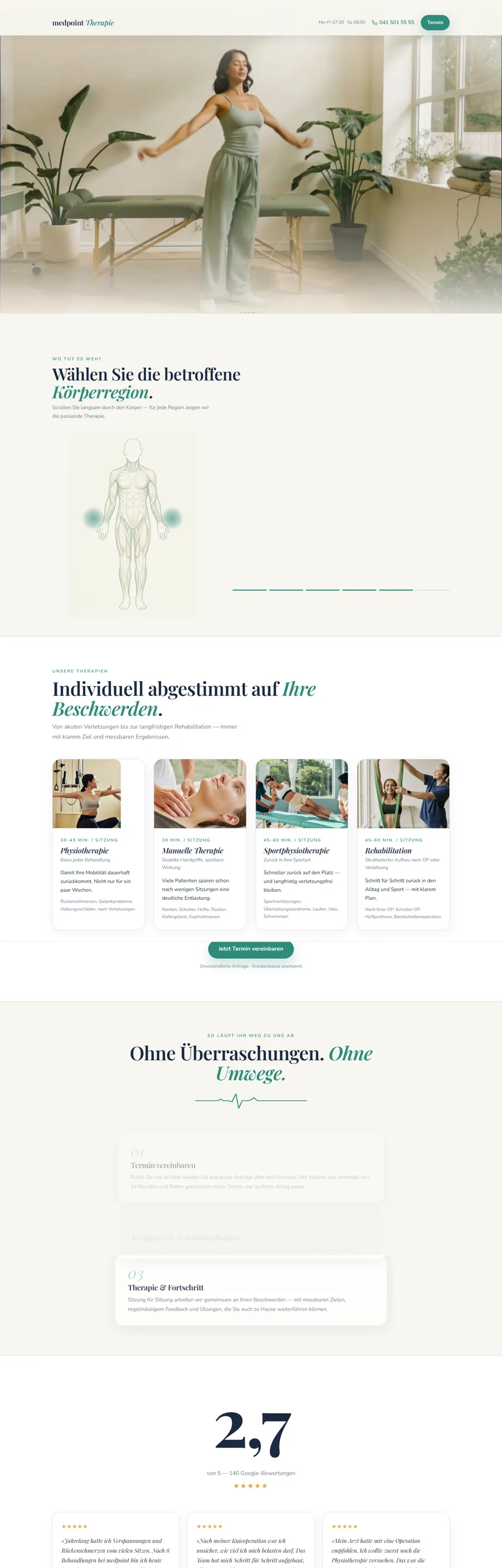 Entwurf der Website für medpoint Therapie, Physiotherapie in Luzern